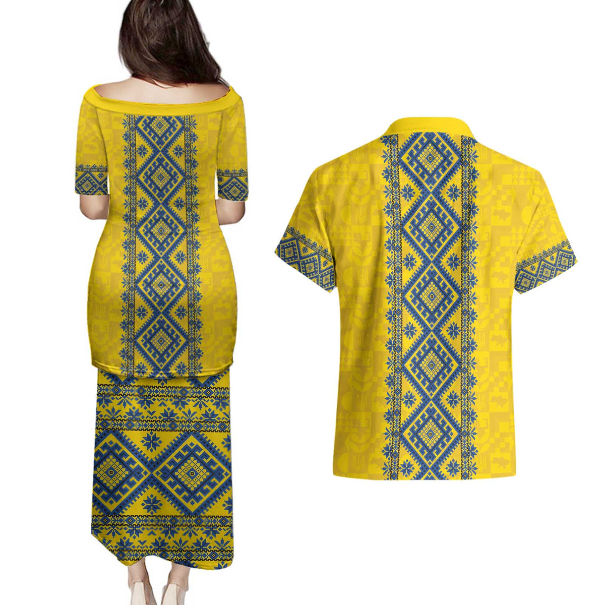 Blue Ukraine Folk Patterns Couples Matching Puletasi and Hawaiian Shirt Simple Style