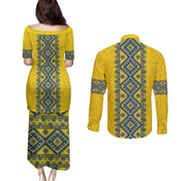 Blue Ukraine Folk Patterns Couples Matching Puletasi and Long Sleeve Button Shirt Simple Style