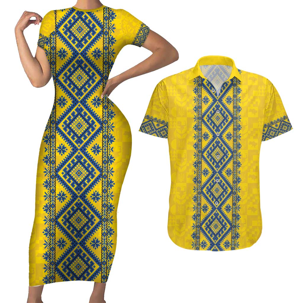 Blue Ukraine Folk Patterns Couples Matching Short Sleeve Bodycon Dress and Hawaiian Shirt Simple Style