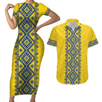 Blue Ukraine Folk Patterns Couples Matching Short Sleeve Bodycon Dress and Hawaiian Shirt Simple Style