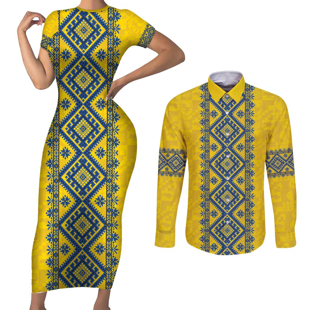 Blue Ukraine Folk Patterns Couples Matching Short Sleeve Bodycon Dress and Long Sleeve Button Shirt Simple Style