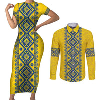 Blue Ukraine Folk Patterns Couples Matching Short Sleeve Bodycon Dress and Long Sleeve Button Shirt Simple Style