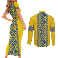 Blue Ukraine Folk Patterns Couples Matching Short Sleeve Bodycon Dress and Long Sleeve Button Shirt Simple Style