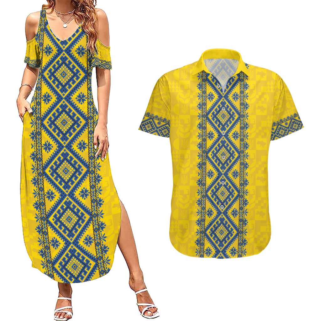 Blue Ukraine Folk Patterns Couples Matching Summer Maxi Dress and Hawaiian Shirt Simple Style