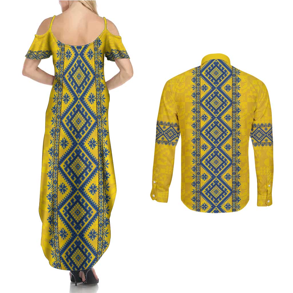 Blue Ukraine Folk Patterns Couples Matching Summer Maxi Dress and Long Sleeve Button Shirt Simple Style