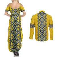Blue Ukraine Folk Patterns Couples Matching Summer Maxi Dress and Long Sleeve Button Shirt Simple Style