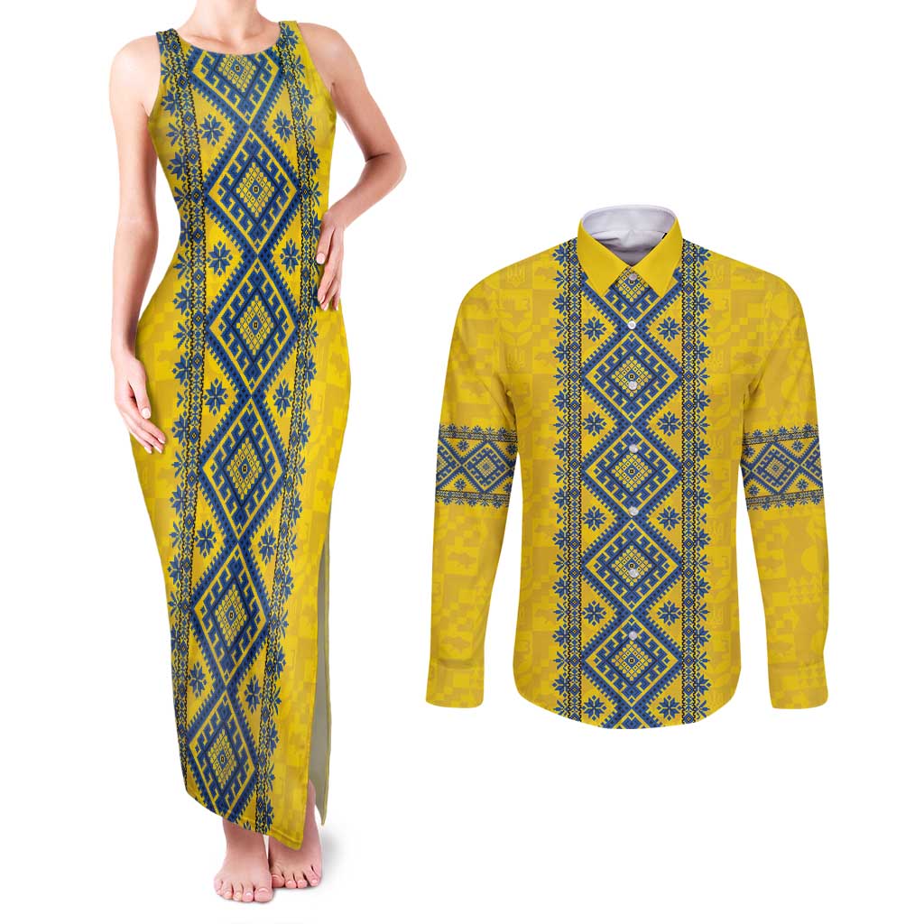 Blue Ukraine Folk Patterns Couples Matching Tank Maxi Dress and Long Sleeve Button Shirt Simple Style
