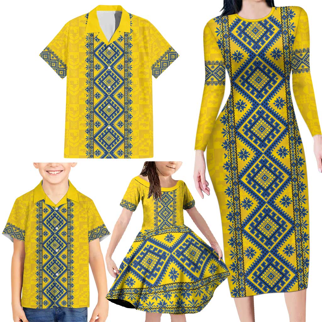 Blue Ukraine Folk Patterns Family Matching Long Sleeve Bodycon Dress and Hawaiian Shirt Simple Style