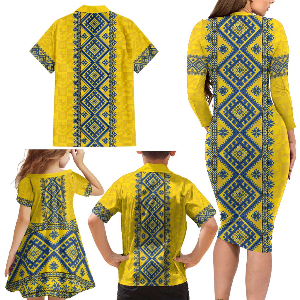 Blue Ukraine Folk Patterns Family Matching Long Sleeve Bodycon Dress and Hawaiian Shirt Simple Style
