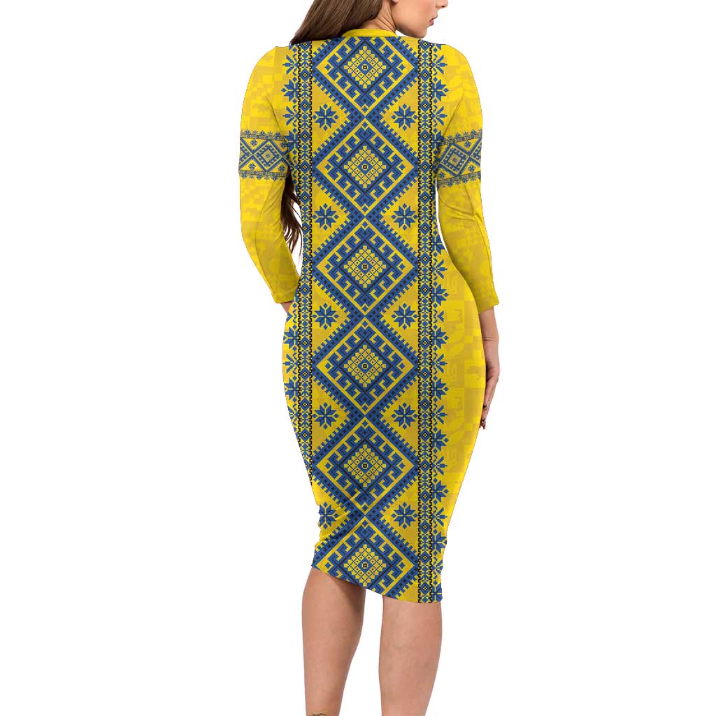 Blue Ukraine Folk Patterns Family Matching Long Sleeve Bodycon Dress and Hawaiian Shirt Simple Style