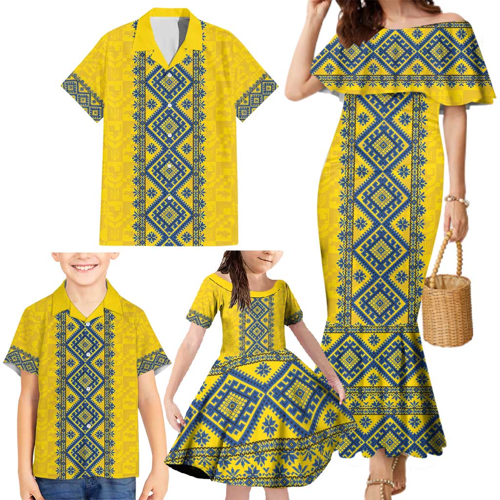 Blue Ukraine Folk Patterns Family Matching Mermaid Dress and Hawaiian Shirt Simple Style
