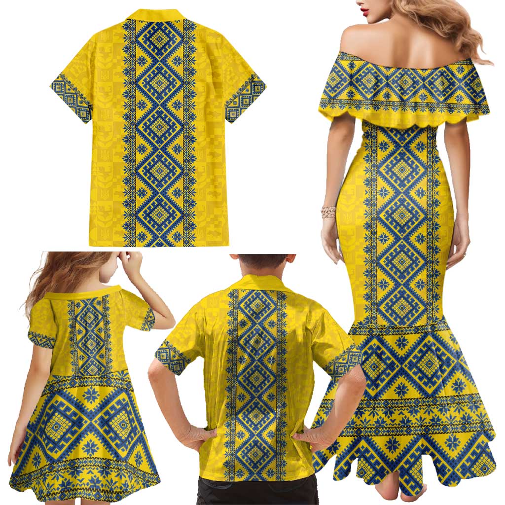Blue Ukraine Folk Patterns Family Matching Mermaid Dress and Hawaiian Shirt Simple Style