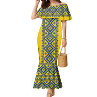 Blue Ukraine Folk Patterns Family Matching Mermaid Dress and Hawaiian Shirt Simple Style