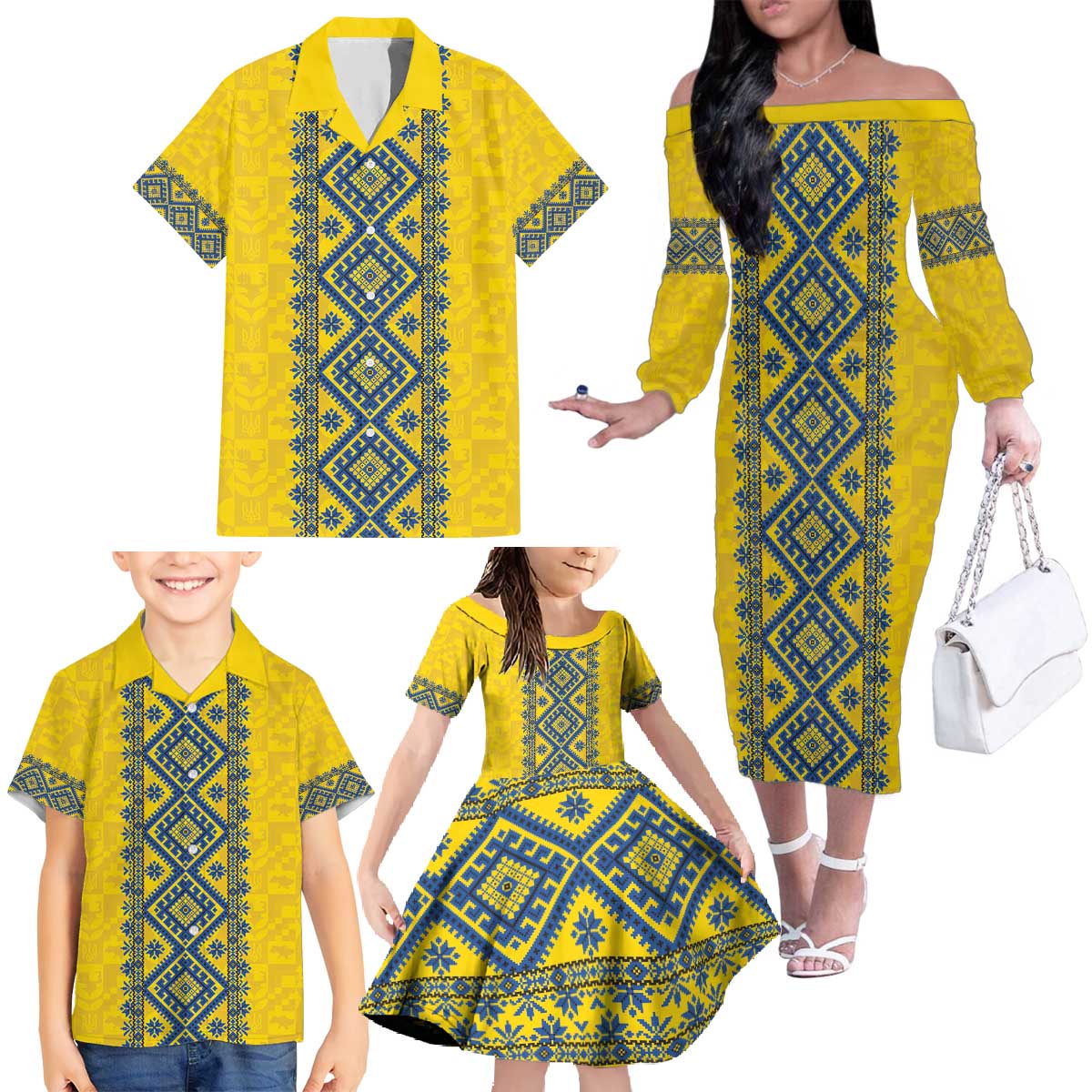 Blue Ukraine Folk Patterns Family Matching Off The Shoulder Long Sleeve Dress and Hawaiian Shirt Simple Style
