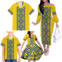 Blue Ukraine Folk Patterns Family Matching Off The Shoulder Long Sleeve Dress and Hawaiian Shirt Simple Style