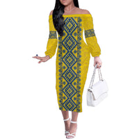 Blue Ukraine Folk Patterns Family Matching Off The Shoulder Long Sleeve Dress and Hawaiian Shirt Simple Style