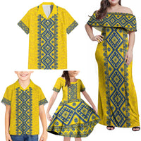 Blue Ukraine Folk Patterns Family Matching Off Shoulder Maxi Dress and Hawaiian Shirt Simple Style