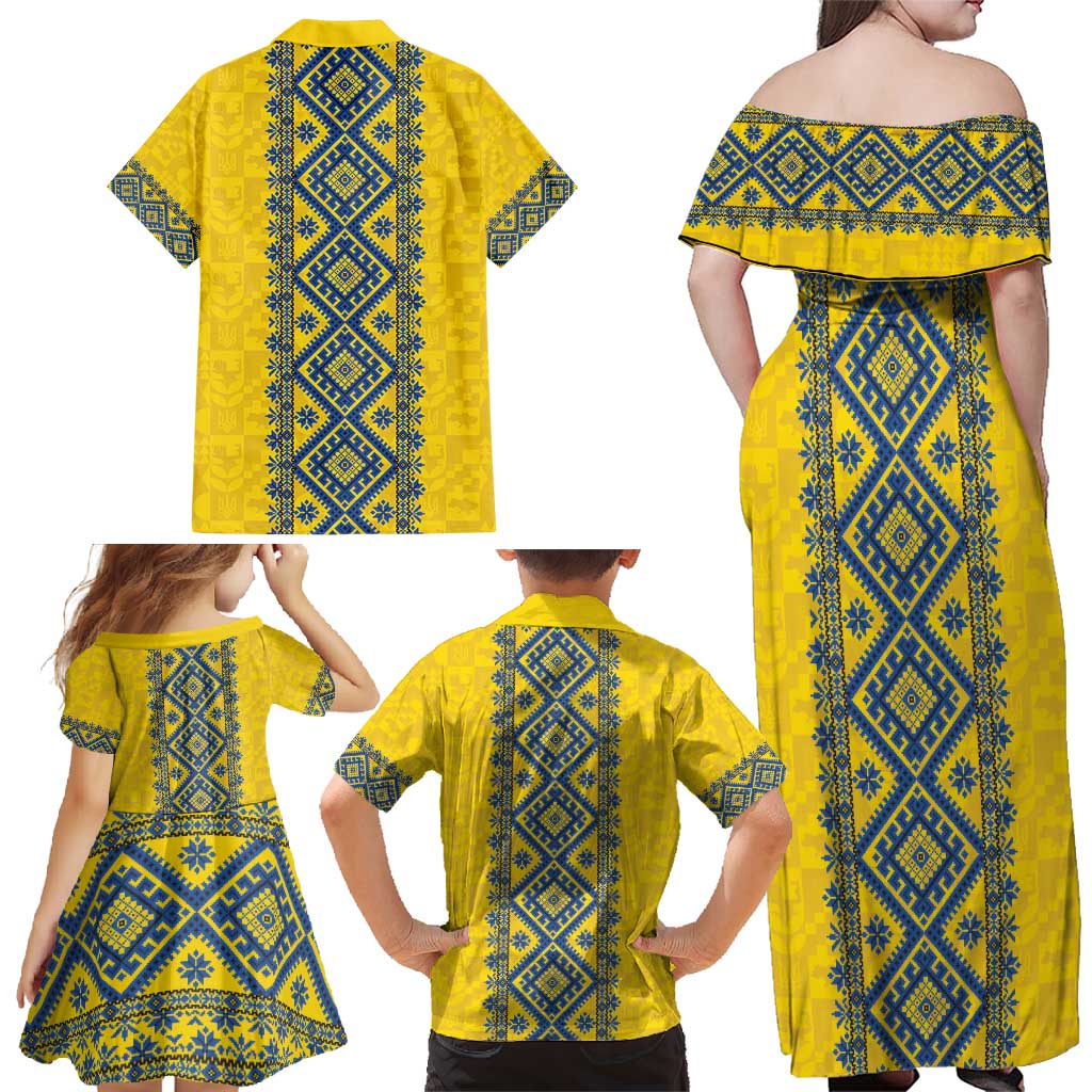 Blue Ukraine Folk Patterns Family Matching Off Shoulder Maxi Dress and Hawaiian Shirt Simple Style
