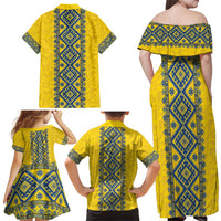 Blue Ukraine Folk Patterns Family Matching Off Shoulder Maxi Dress and Hawaiian Shirt Simple Style