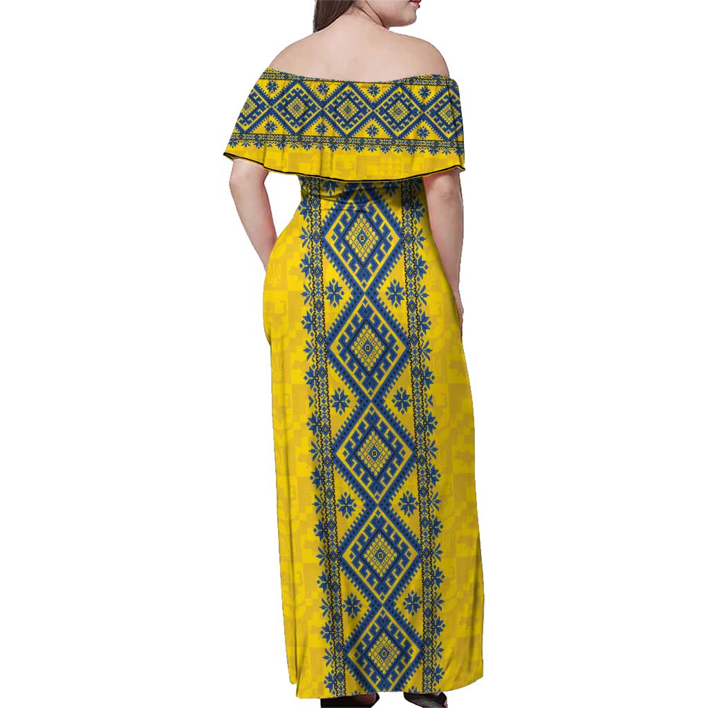 Blue Ukraine Folk Patterns Family Matching Off Shoulder Maxi Dress and Hawaiian Shirt Simple Style