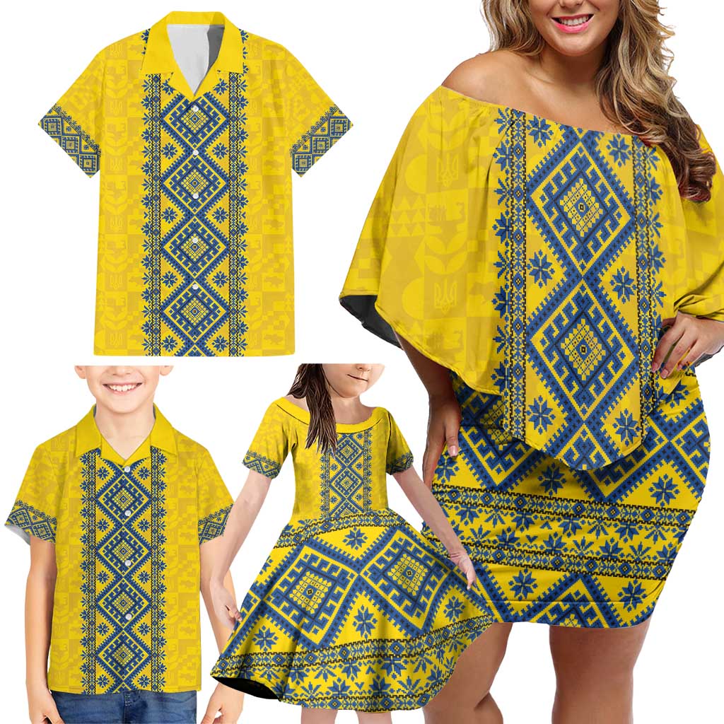 Blue Ukraine Folk Patterns Family Matching Off Shoulder Short Dress and Hawaiian Shirt Simple Style