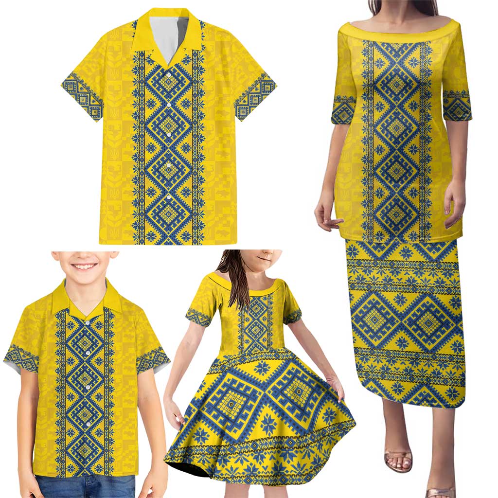 Blue Ukraine Folk Patterns Family Matching Puletasi and Hawaiian Shirt Simple Style