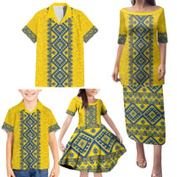 Blue Ukraine Folk Patterns Family Matching Puletasi and Hawaiian Shirt Simple Style