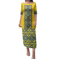 Blue Ukraine Folk Patterns Family Matching Puletasi and Hawaiian Shirt Simple Style