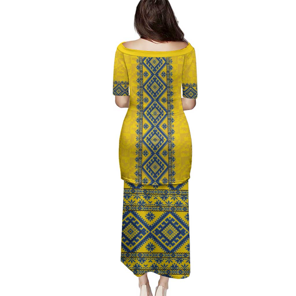 Blue Ukraine Folk Patterns Family Matching Puletasi and Hawaiian Shirt Simple Style