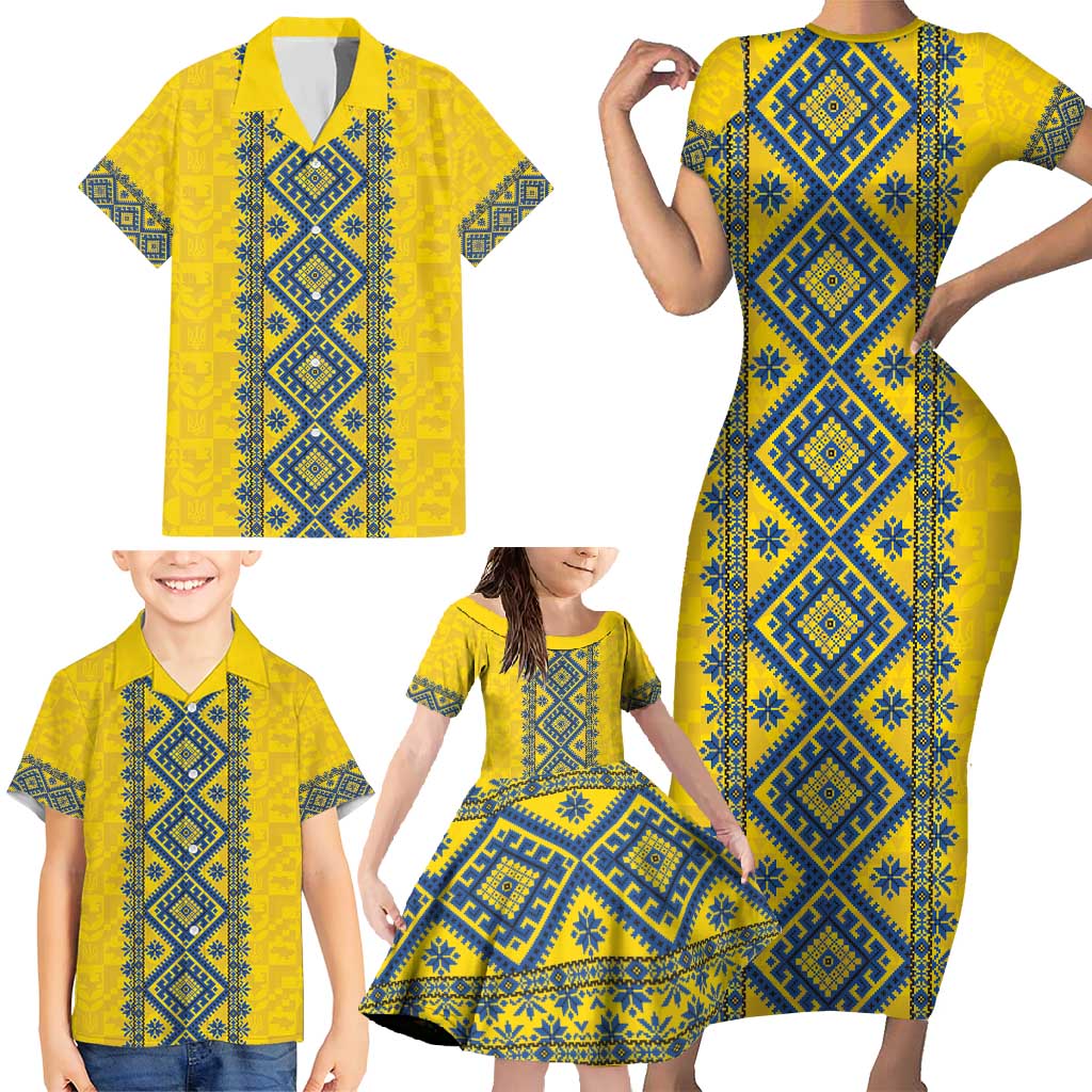 Blue Ukraine Folk Patterns Family Matching Short Sleeve Bodycon Dress and Hawaiian Shirt Simple Style