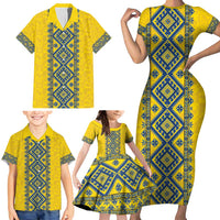 Blue Ukraine Folk Patterns Family Matching Short Sleeve Bodycon Dress and Hawaiian Shirt Simple Style