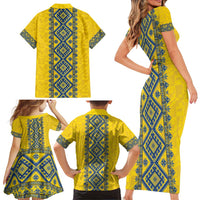 Blue Ukraine Folk Patterns Family Matching Short Sleeve Bodycon Dress and Hawaiian Shirt Simple Style