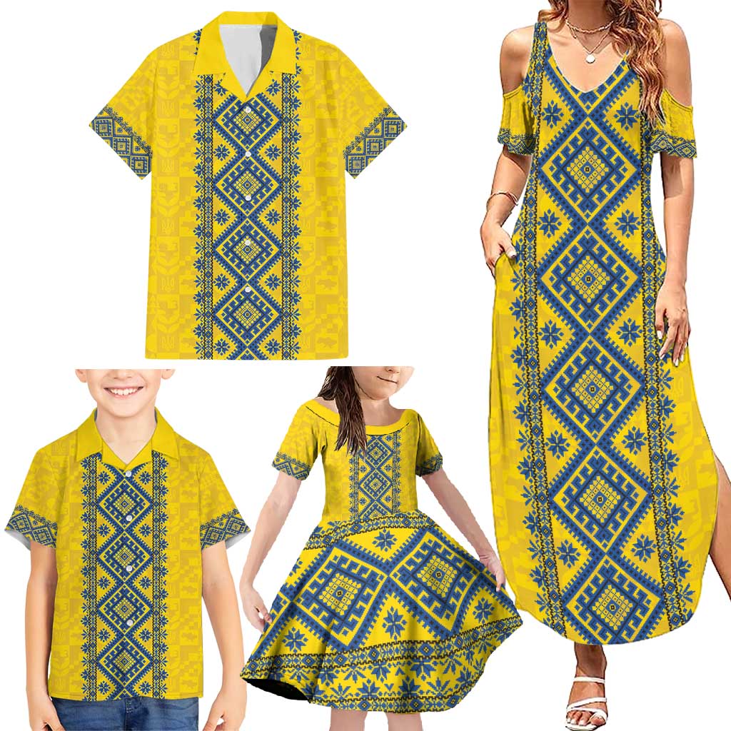 Blue Ukraine Folk Patterns Family Matching Summer Maxi Dress and Hawaiian Shirt Simple Style