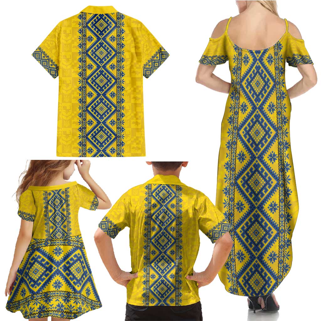 Blue Ukraine Folk Patterns Family Matching Summer Maxi Dress and Hawaiian Shirt Simple Style