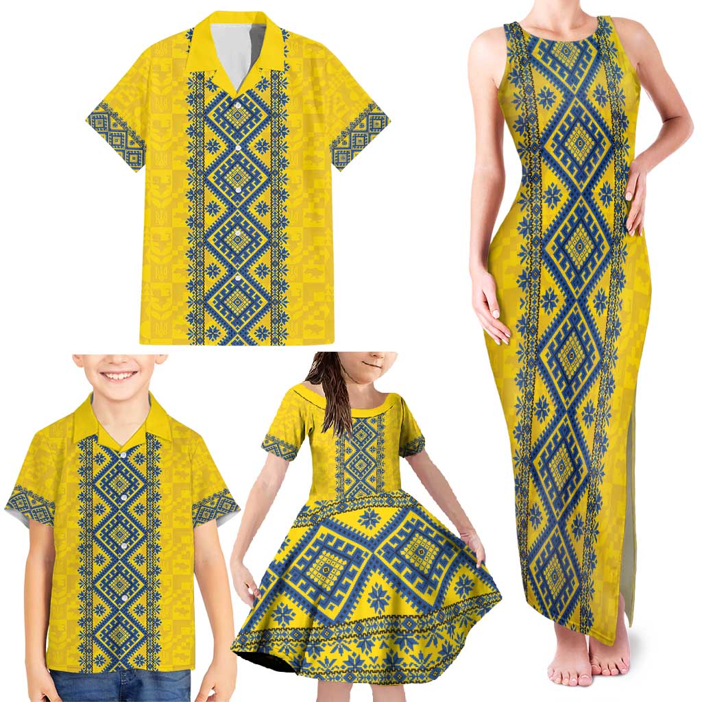 Blue Ukraine Folk Patterns Family Matching Tank Maxi Dress and Hawaiian Shirt Simple Style