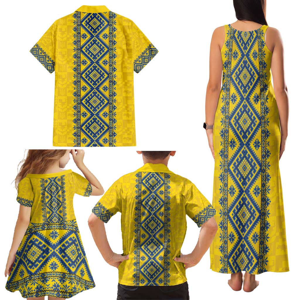 Blue Ukraine Folk Patterns Family Matching Tank Maxi Dress and Hawaiian Shirt Simple Style