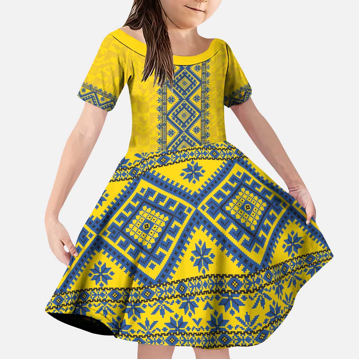 Blue Ukraine Folk Patterns Kid Short Sleeve Dress Simple Style
