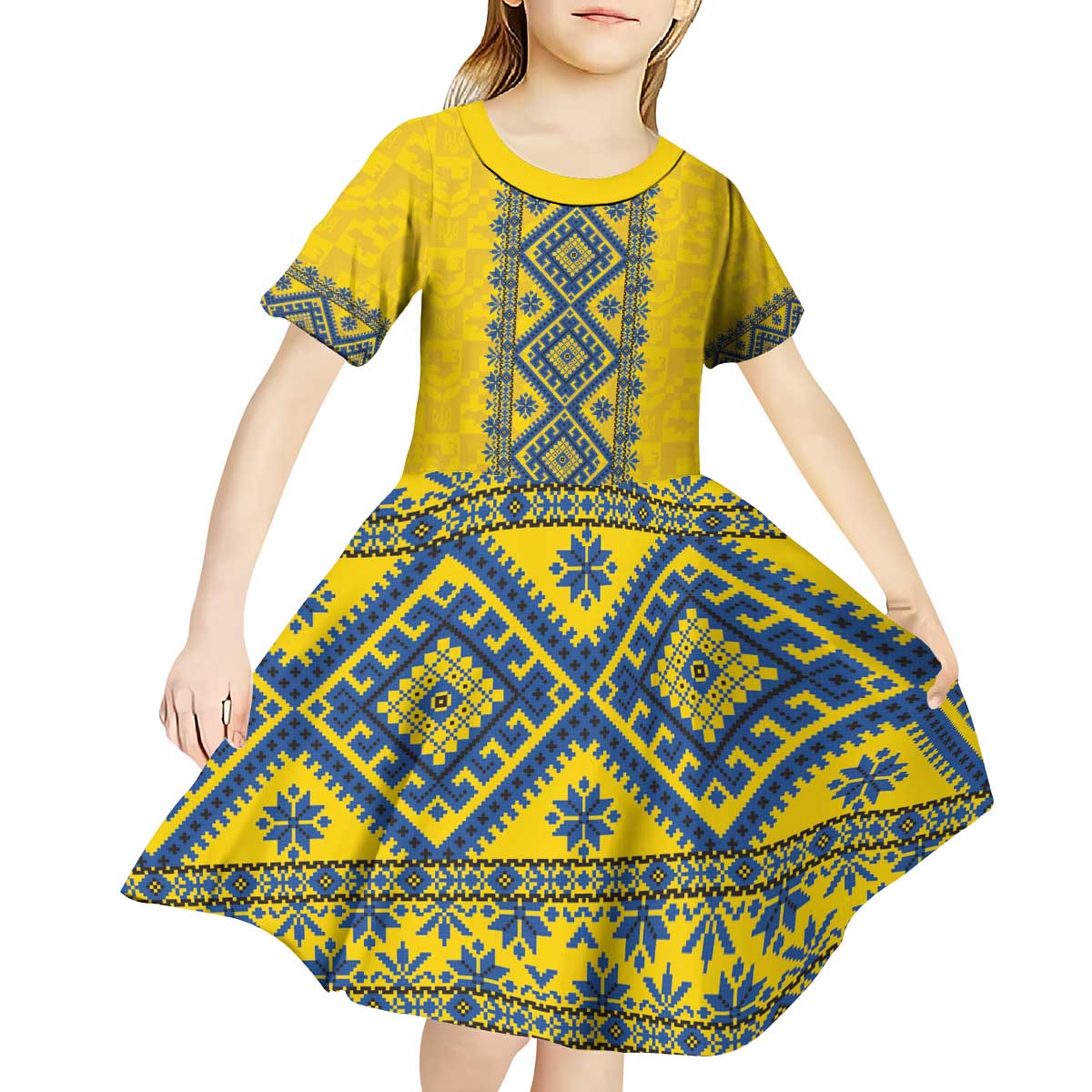 Blue Ukraine Folk Patterns Kid Short Sleeve Dress Simple Style