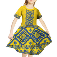 Blue Ukraine Folk Patterns Kid Short Sleeve Dress Simple Style