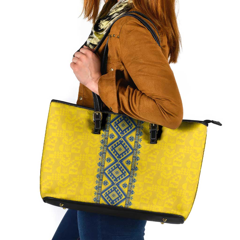 Blue Ukraine Folk Patterns Leather Tote Bag Simple Style