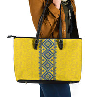 Blue Ukraine Folk Patterns Leather Tote Bag Simple Style