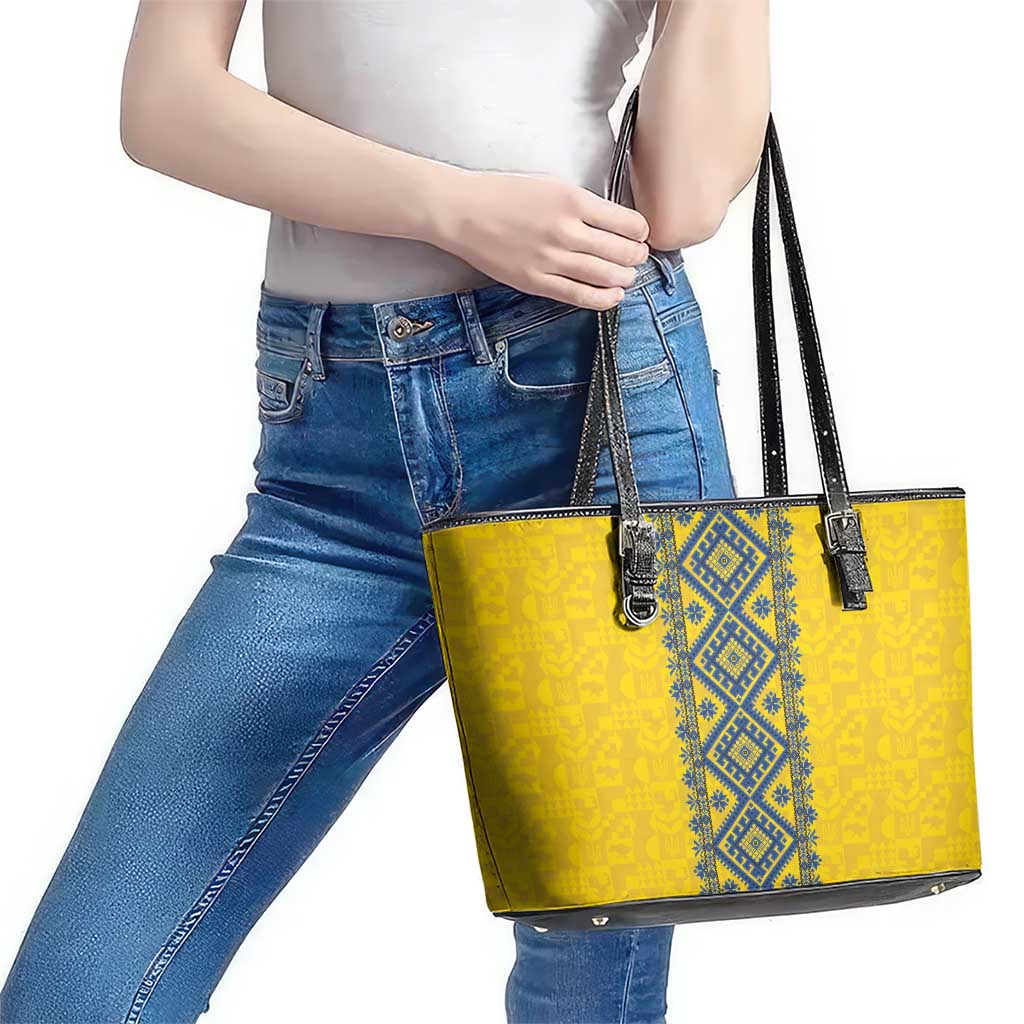 Blue Ukraine Folk Patterns Leather Tote Bag Simple Style
