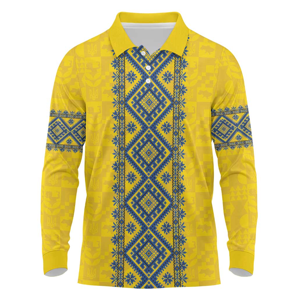 Blue Ukraine Folk Patterns Long Sleeve Polo Shirt Simple Style