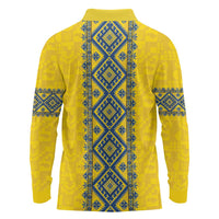 Blue Ukraine Folk Patterns Long Sleeve Polo Shirt Simple Style