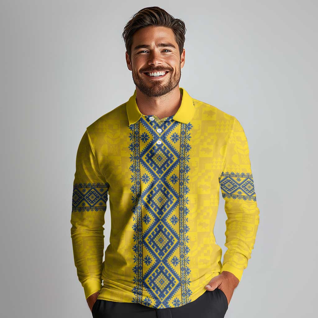 Blue Ukraine Folk Patterns Long Sleeve Polo Shirt Simple Style