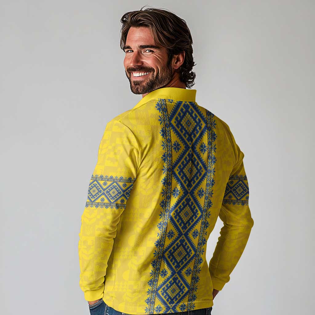 Blue Ukraine Folk Patterns Long Sleeve Polo Shirt Simple Style