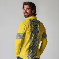 Blue Ukraine Folk Patterns Long Sleeve Polo Shirt Simple Style