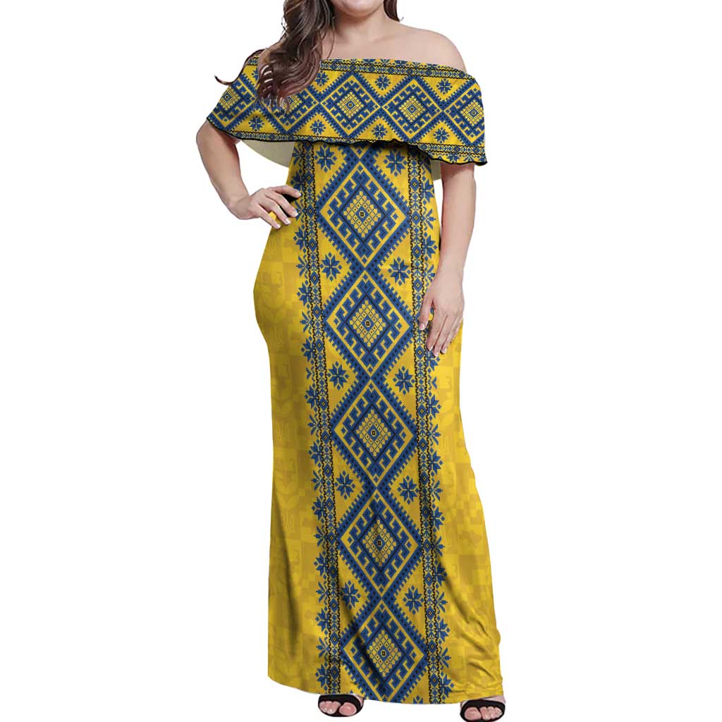 Blue Ukraine Folk Patterns Off Shoulder Maxi Dress Simple Style