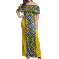 Blue Ukraine Folk Patterns Off Shoulder Maxi Dress Simple Style