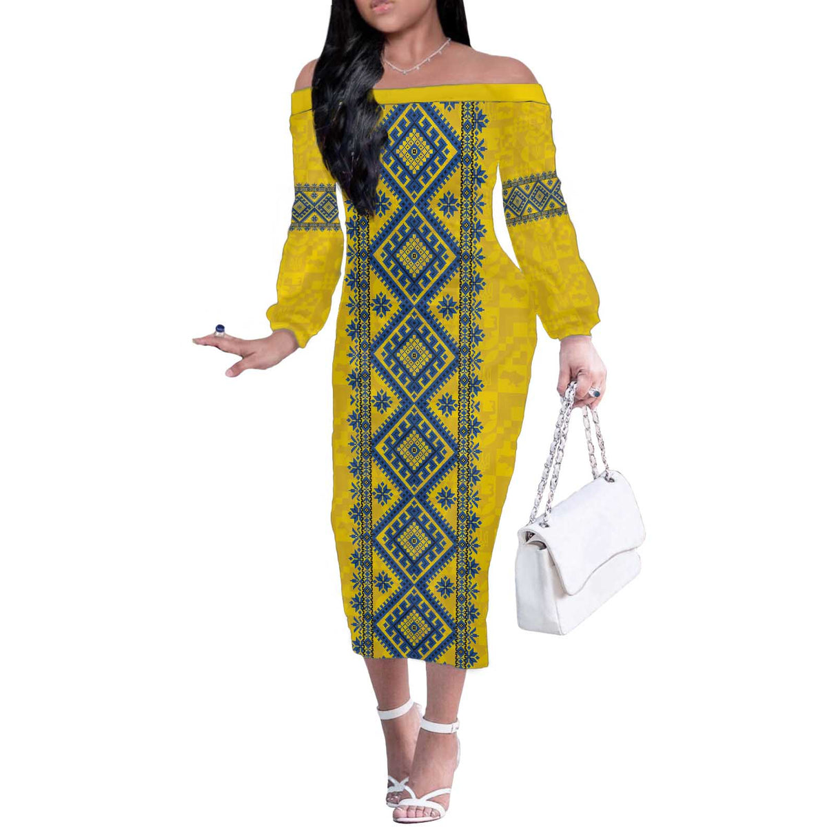 Blue Ukraine Folk Patterns Off The Shoulder Long Sleeve Dress Simple Style